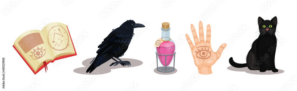 Aufkleber magic and wizardry objects and elements vector set