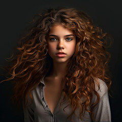 Beautiful young woman with long curly hair. Portrait on dark background.. Generative AI