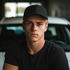 Portrait of handsome young man in cap and black t-shirt standing near car. Generative AI