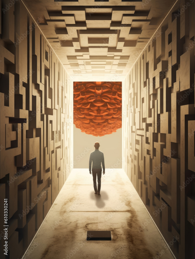 Poster an ilration of a person walking through a distorted hallway with their brain above them in a seethro