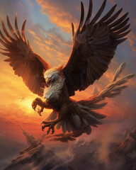 Fototapeta na wymiar A giant two headed eagle soaring through a sunset sky carrying a slain warrior in Fantasy art concept. AI generation