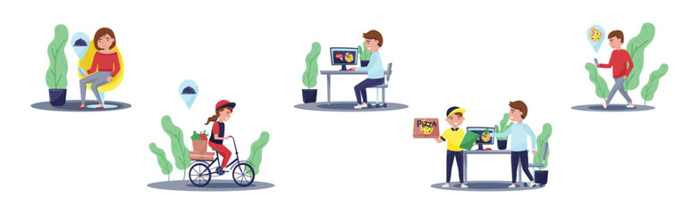 Food Delivery Service with Courier and People Customer Use Mobile App Vector Set