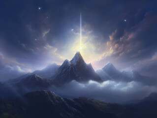 A celestial being made of light and energy hovering above a misty mountain range with Fantasy art concept. AI generation