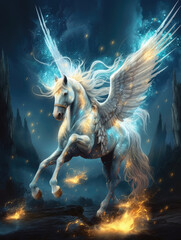 Obraz na płótnie Canvas An impressive white unicorn with vibrant blue wings shooting magical sparks of light Fantasy art concept. AI generation
