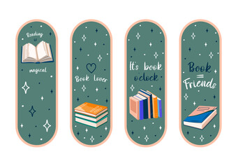 Cute Bookmarks. Set of paper bookmark templates for book lovers. Vertical postcards. Vector.