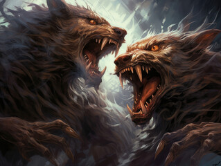 Two werewolves locked in a snarling battle the air itself seeming to snap with their Fantasy art concept. AI generation
