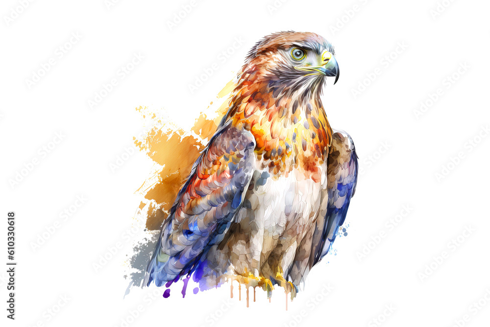 Poster hawk drawn with multi-colored watercolors isolated on a white background. generated by ai