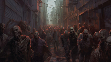 A horde of zombies trudge through a fogfilled alleyway their decaying bodies filled Fantasy art concept. AI generation