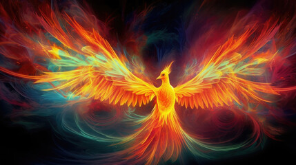 A phoenix rising from the ashes in a burst of rainbow coloured flames. Fantasy art concept. AI generation