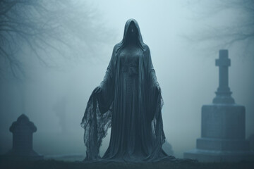 A spectral figure cloaked in a shimmering cloak of moonlight drifting through a graveyard Fantasy art concept. AI generation
