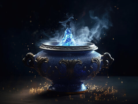A dark blue elixir with silver sparks dancing around it inside an ornate goldrimmed Fantasy art concept. AI generation