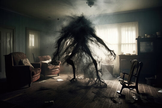 A terrifying creature made of shadows and mist leaving a trail of destruction by throwing Fantasy art concept. AI generation