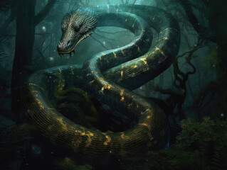 A large serpentlike creature slithering through a dense and dark forest scales shimmering Fantasy art concept. AI generation