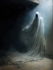 From the darkest corner of a dusty room a wretched figure of a wraith haunts the dreams Fantasy art concept. AI generation