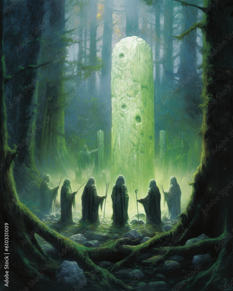 Poster a group of druids perform a ritual in a deep forest glade. nine stones float in the fantasy art conc