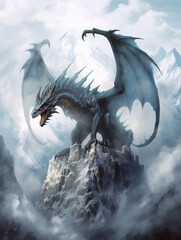 An imposing dragon soaring majestically above a misty mountain crowned with snow. Fantasy art concept. AI generation