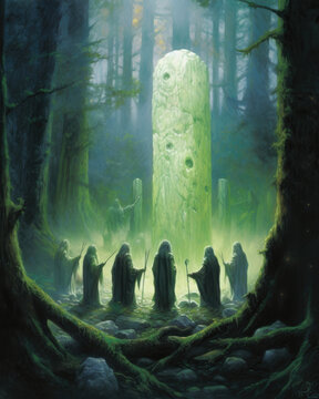 A group of druids perform a ritual in a deep forest glade. Nine stones float in the Fantasy art concept. AI generation