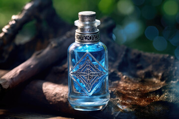 Obraz na płótnie Canvas A bubbling blue liquid inside a crystal vial adorned with silver runes and ancient Fantasy art concept. AI generation