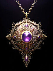 A glowing purple amulet suspended from a gold chain its center decorated with a striking Fantasy art concept. AI generation