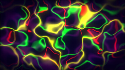 Neon rays kaleidoscopic color pattern. Abstract geometric flowing backdrop. urban texture with symmetrical bright-line parts. neon multicolor wavy futuristic rippling glow light lines