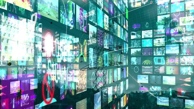 scifi collage montage with many video walls and transmission tower in background. Broadcasting live animation for streaming intro - Powered by Adobe