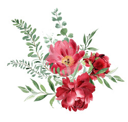 Burgundy peonies and roses bouquet. Watercolor illustration. Floral print.