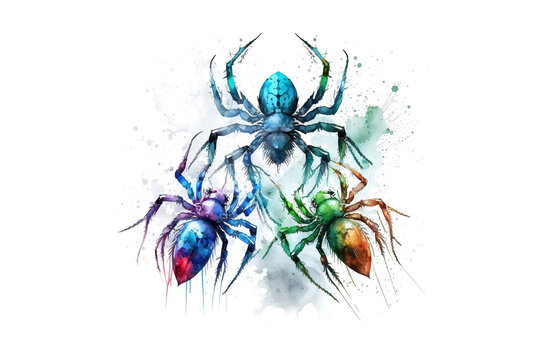 spiders are drawn with multi-colored watercolors isolated on a white background. Generated by AI