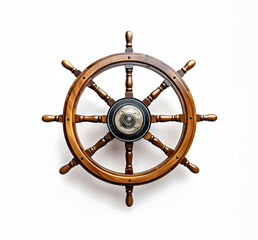Isolated Vintage Wooden And Brass Ship's Steering Wheel With White Background.