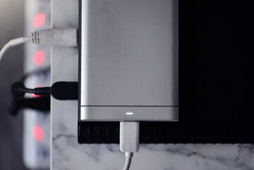 USB and USB type c cable connect on laptop and tablet computer for business or technology background design