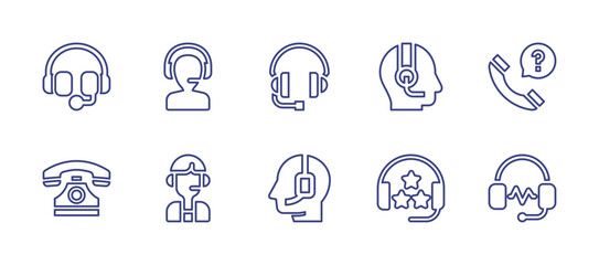 Call center line icon set. Editable stroke. Vector illustration. Containing customer service, support, headphone, question, telephone, call center agent, rating.