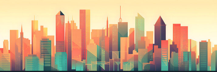 Fototapeta na wymiar Urban landscape skyline banner - geometric shapes and pastel colors - Generative AI