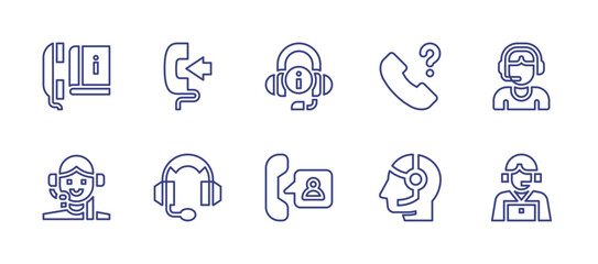 Call center line icon set. Editable stroke. Vector illustration. Containing information, phone call, telephone, call center, customer support, headset, customer service, call center agent.