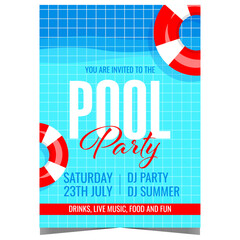 Fototapeta na wymiar Pool party vector template with inflatable red-white swim rings on pool tile background. Invitation leaflet or flyer, advertising poster or banner for vacation fun and entertainment during the summer.