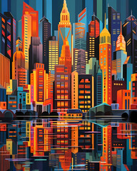 Obraz premium Urban landscape illustration - geometric shapes and pastel colors - Generative AI