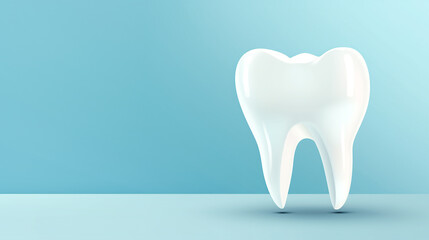 White glossy tooth on light blue background. Dental banner template implantation health services concept. AI generative