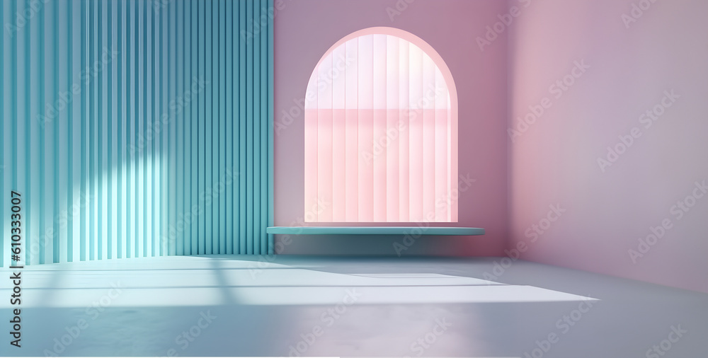Fototapete abstract minimal concept. pastel multi colour background wall with window natural shadow and shelf, 