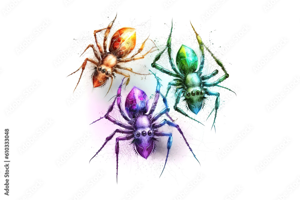 Poster spiders are drawn with multi-colored watercolors isolated on a white background. generated by ai