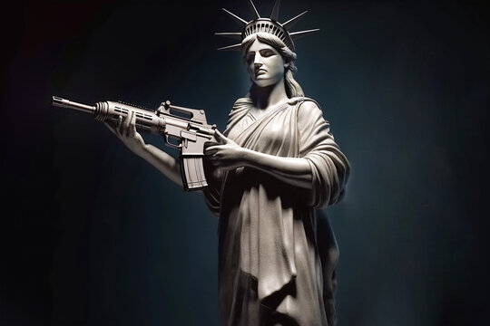 Statue of Liberty holding a machine gun on dark background. Gun violence firearm control constitutional rights concept