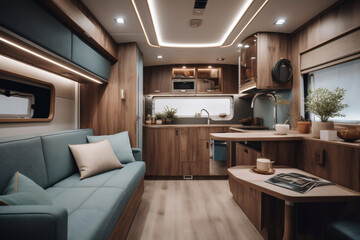 Fototapeta premium Cosy Interior of motor home camping car, furnishing decor of salon area, comfortable modern caravan house design. Relaxation areas for road travel. Travelling and entertainment concept. Generative AI