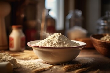 Fototapeta premium flour being sifted into a bowl with other baking ingredients in the background