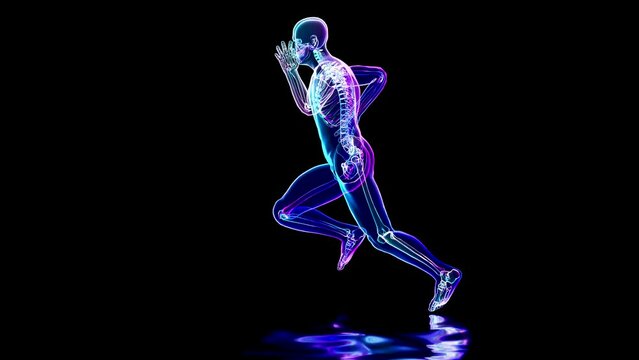 skeleton system of running man, bone Anatomy while run, human physical and sport, joggers, running man, medically accurate, fitness, loop animation, 3d render