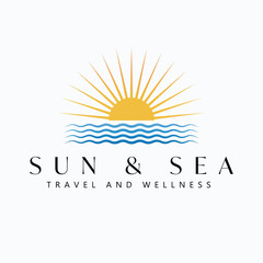 Sun and sea vector logo design. Sunset or sunrise and ocean logotype. Tropical travel logo template.