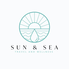 Sun and sea vector logo design. Sunset or sunrise and ocean logotype. Tropical travel logo template.