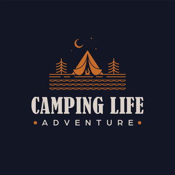 Camping life adventure vector logo design. Tent in forest logotype. Wildlife and nature logo template.