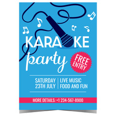 Karaoke music party poster or invitation flyer with microphone and musical notes on blue background. Vector illustration for live music disco dance event, vocal contest in karaoke bar or night club. - obrazy, fototapety, plakaty