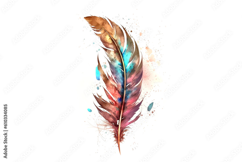 Poster bird feather drawn with multicolored watercolors isolated on white background. generated by ai