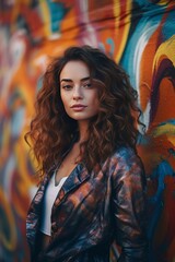 Naklejka premium Model posing in front of graffiti. Urban. Generative AI