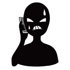 困惑するスマホを持つ悪人イメージのシルエットの人物のイラスト素材
