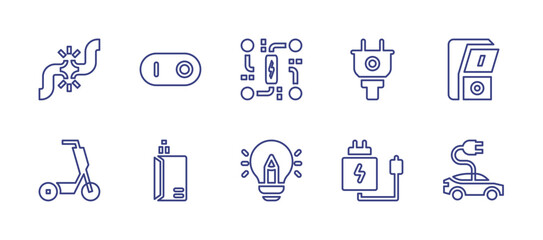 Electricity line icon set. Editable stroke. Vector illustration. Containing broken cable, switch, circuit, plug, light switch, scooter, electronic cigarette, idea, charger, electric car.