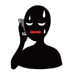 困惑するスマホを持つ悪人イメージのシルエットの人物のイラスト素材